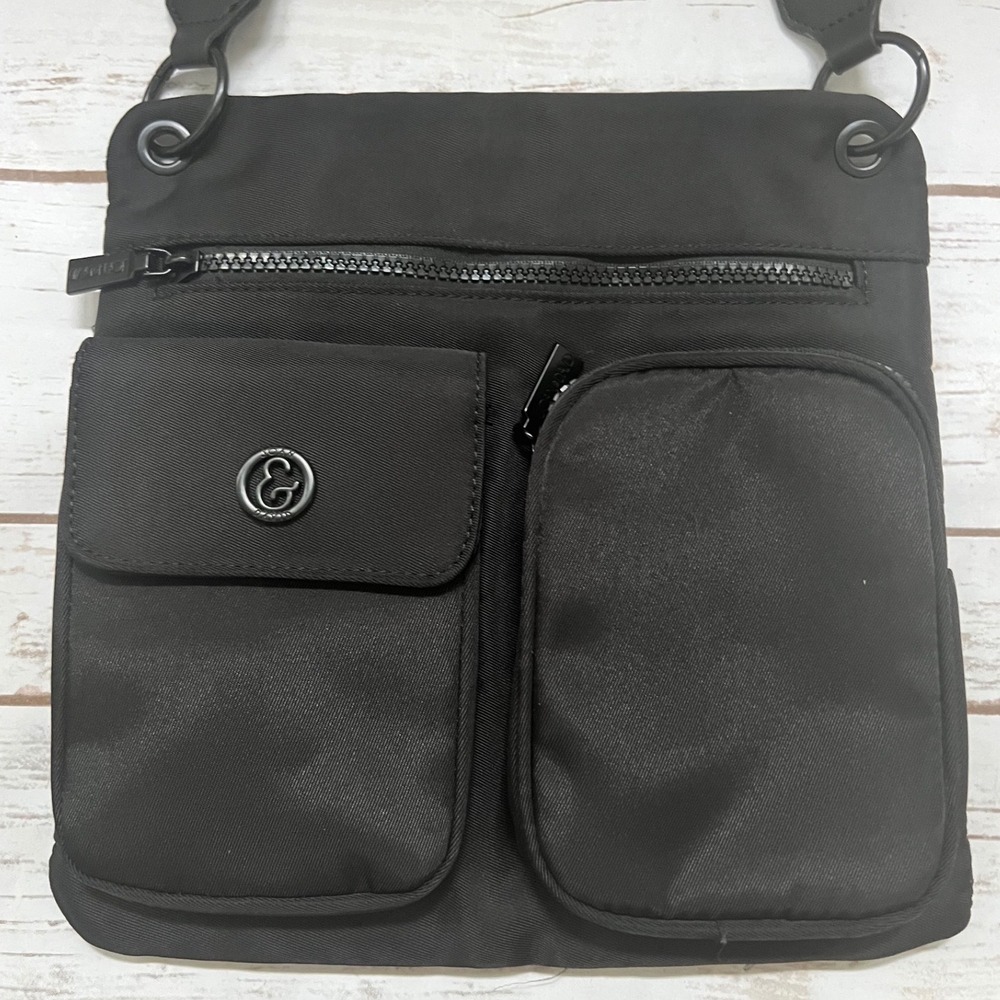Joan & David Crossbody Bag Black Nylon Multi Pocket Adjustable Strap OS